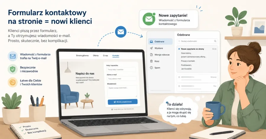 Formularz kontaktowy na prostej stronie internetowej małej firmy ułatwiający wysyłanie zapytań